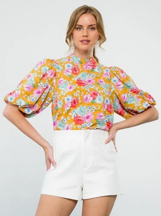 THML Tops - THML Floral Puff Sleeve Blouse